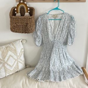 Cleobella Mini Dress Blue Floral with smocked waist size L